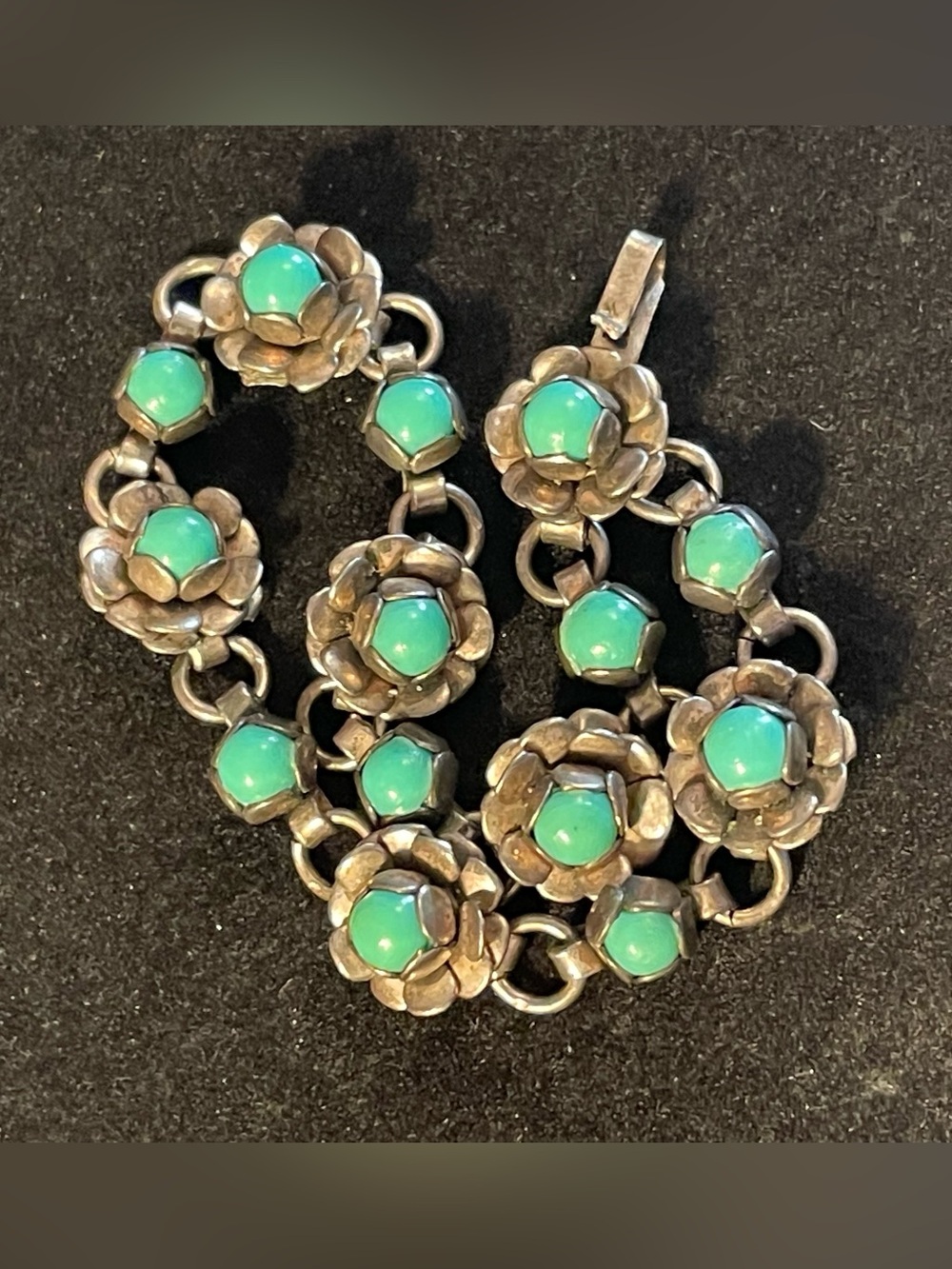 Sterling Silver 925 Turquoise Flower Bracelet. Floral. 6” Small Size! Mexico